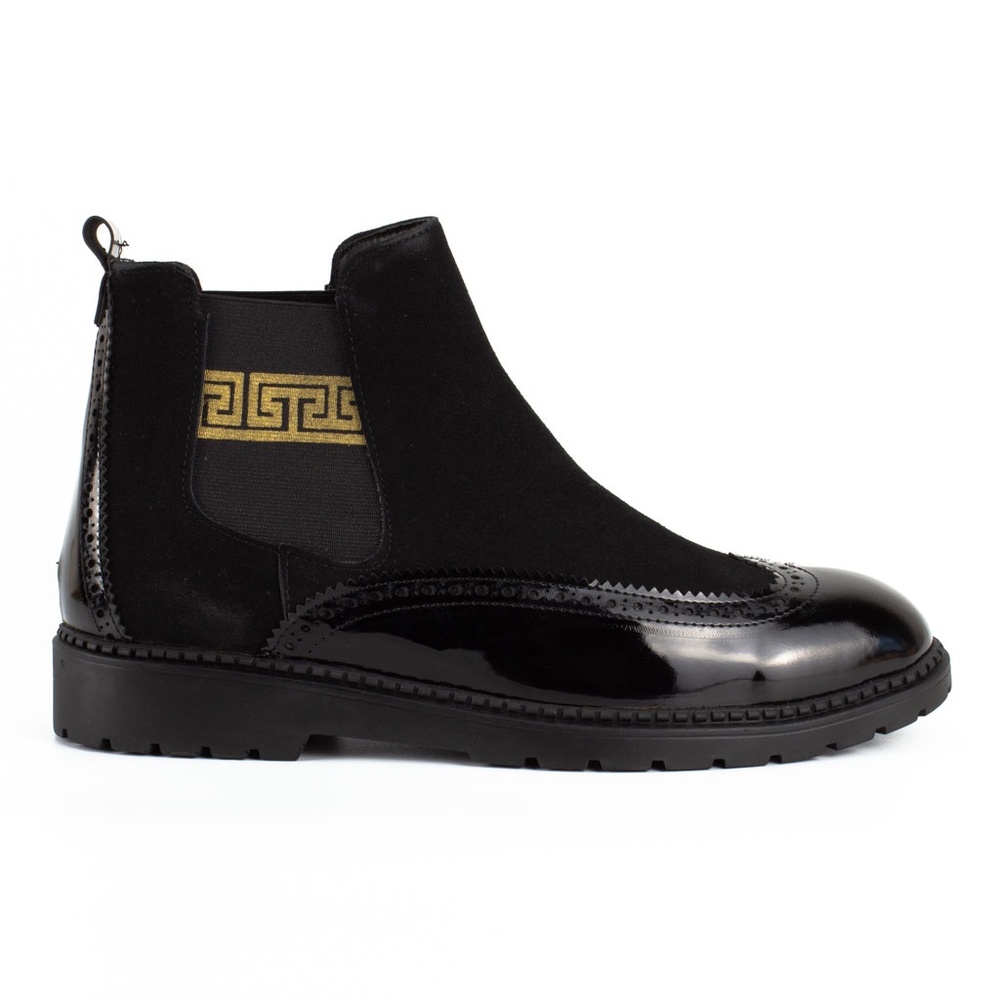 Black Leather Chelsea Boots, Greek Pattern Boots - Picture 3 of 5
